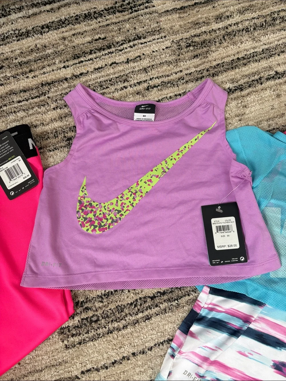 Nike  6x Girls Active Set - Hot Pink Leggings, Lavender Crop & Aqua Mesh Tank